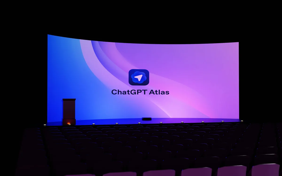 Large curved screen displays chatgpt atlas logo.