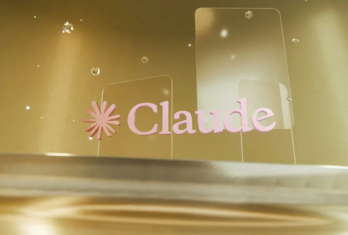 Pink claude logo on clear panels against a golden background.